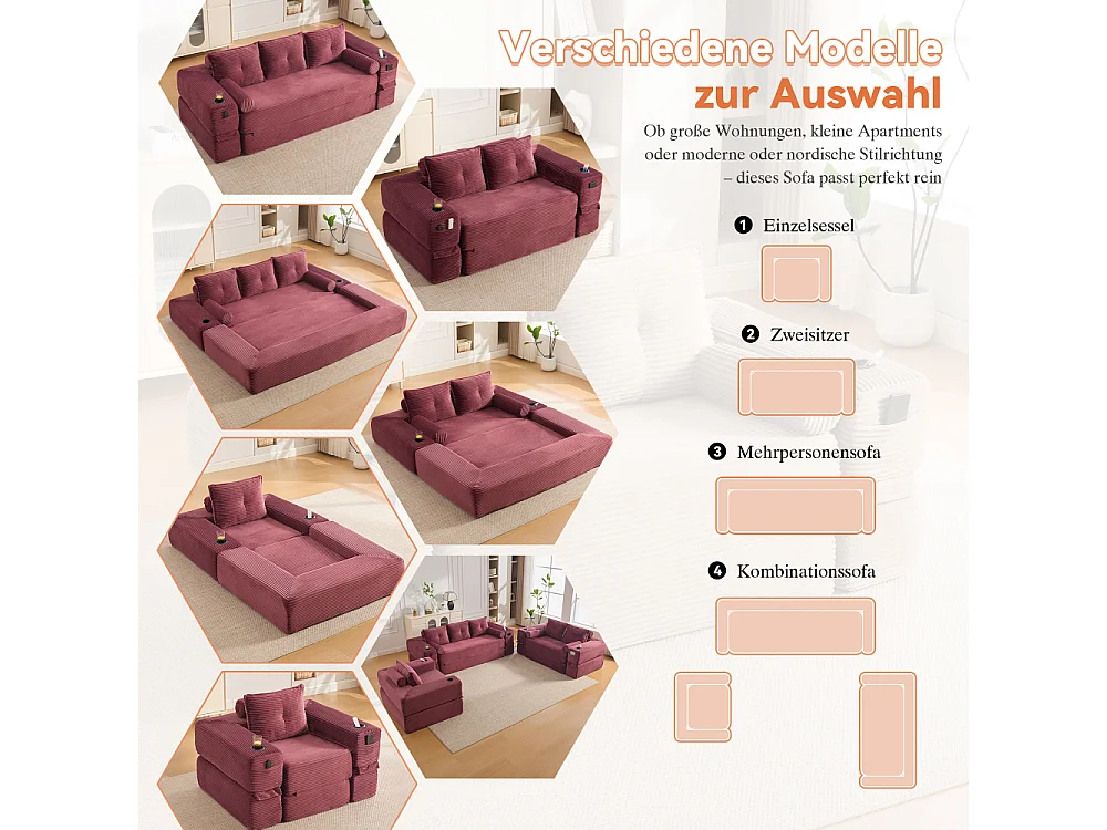 Canapé Convertible 3 Places en Velours Côtelé avec Ressorts, Mémoire de Forme, Couchage et Rangement