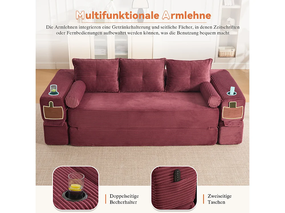 Canapé Convertible 3 Places en Velours Côtelé avec Ressorts, Mémoire de Forme, Couchage et Rangement