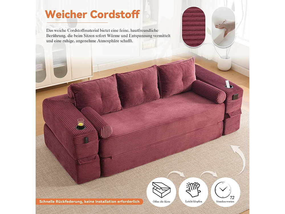 Canapé Convertible 3 Places en Velours Côtelé avec Ressorts, Mémoire de Forme, Couchage et Rangement