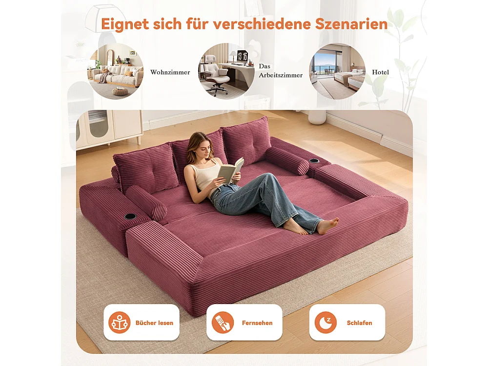 Canapé Convertible 3 Places en Velours Côtelé avec Ressorts, Mémoire de Forme, Couchage et Rangement