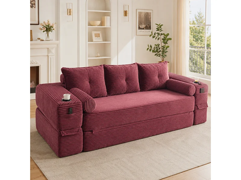 Canapé Convertible 3 Places en Velours Côtelé avec Ressorts, Mémoire de Forme, Couchage et Rangement
