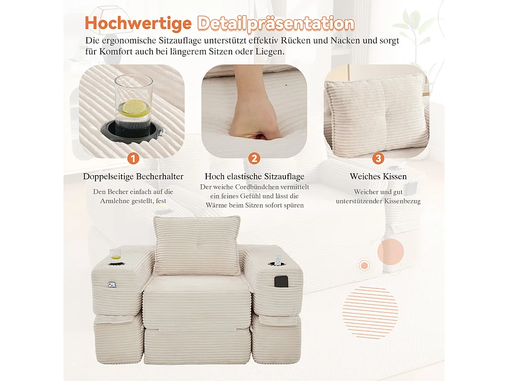 Canapé convertible en velours côtelé avec ressorts ensachés et mousse à mémoire de forme, canapé pliant avec porte-gobelets et poche latérale