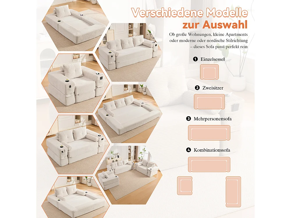 Canapé convertible en velours côtelé avec ressorts ensachés et mousse à mémoire de forme, canapé pliant avec porte-gobelets et poche latérale