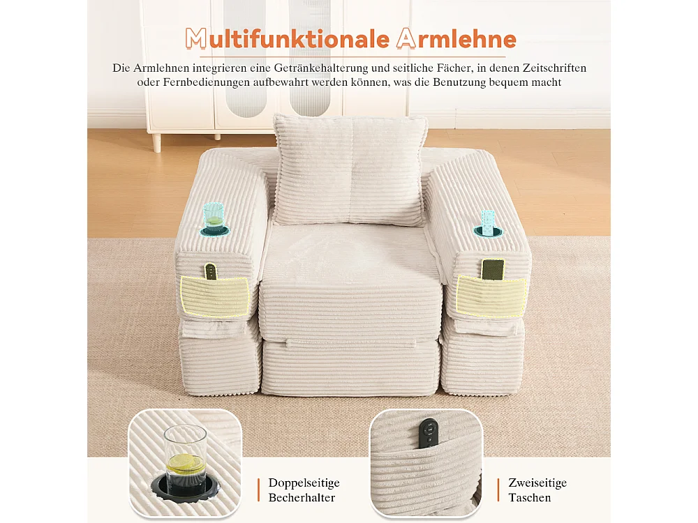 Canapé convertible en velours côtelé avec ressorts ensachés et mousse à mémoire de forme, canapé pliant avec porte-gobelets et poche latérale