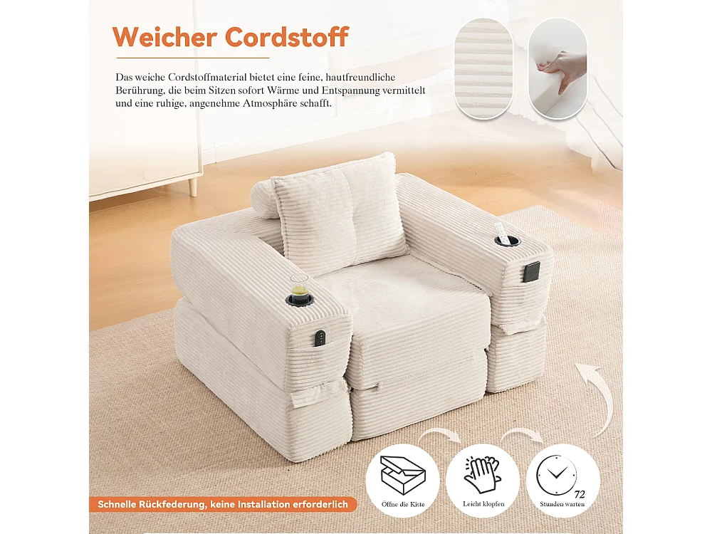 Canapé convertible en velours côtelé avec ressorts ensachés et mousse à mémoire de forme, canapé pliant avec porte-gobelets et poche latérale