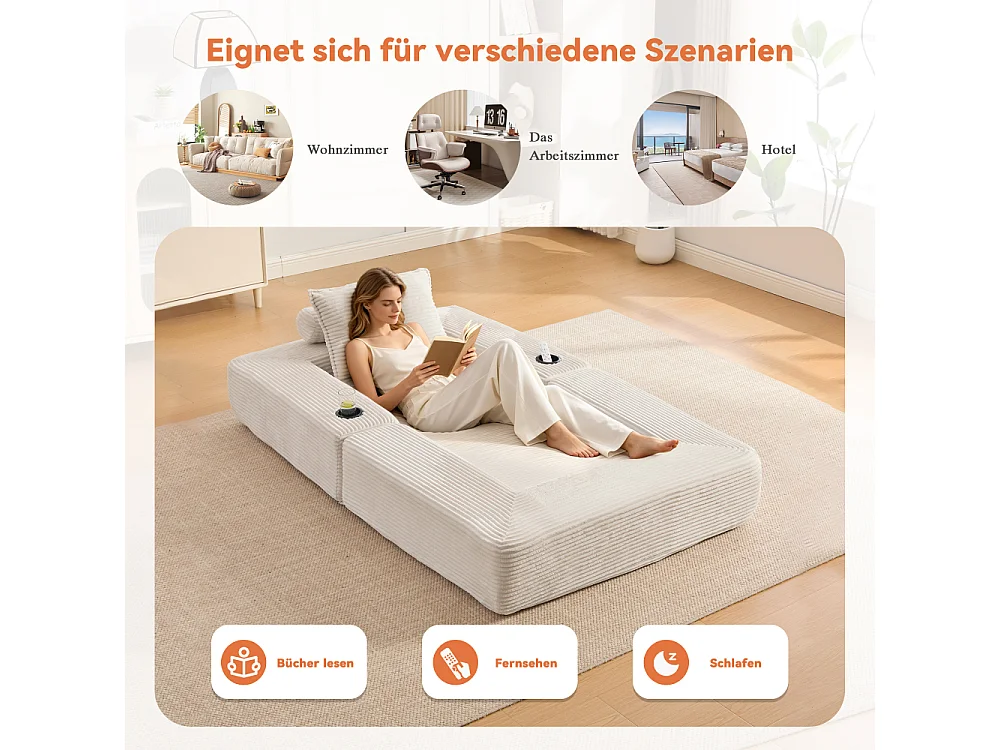 Canapé convertible en velours côtelé avec ressorts ensachés et mousse à mémoire de forme, canapé pliant avec porte-gobelets et poche latérale