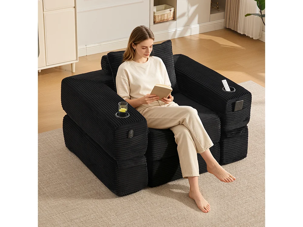 Canapé convertible en velours côtelé avec ressorts ensachés et mousse à mémoire de forme, canapé pliant avec porte-gobelets et poche latérale