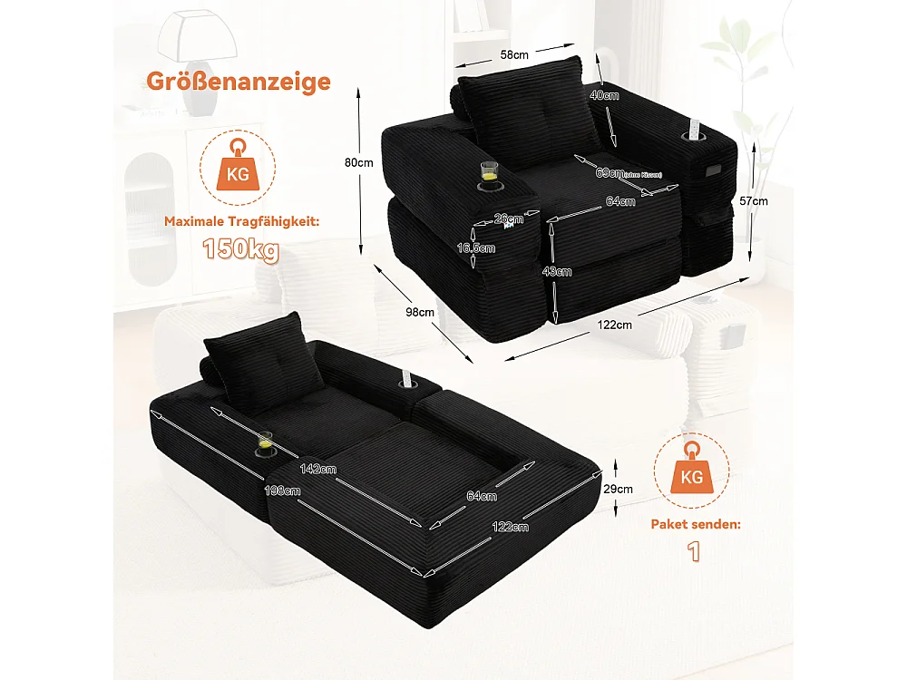 Canapé convertible en velours côtelé avec ressorts ensachés et mousse à mémoire de forme, canapé pliant avec porte-gobelets et poche latérale