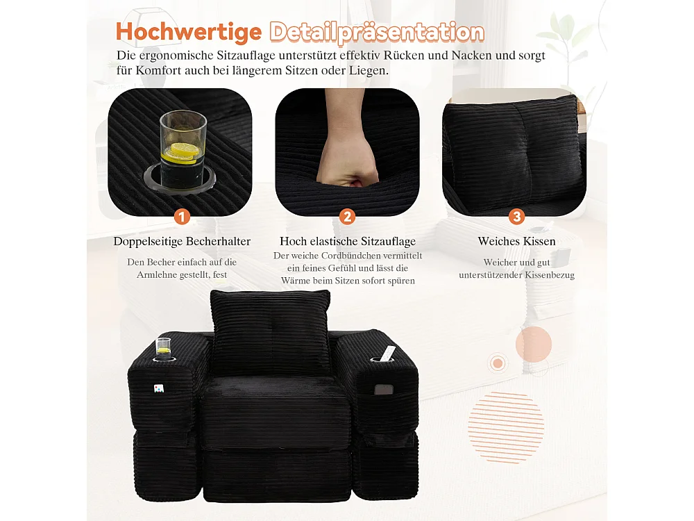 Canapé convertible en velours côtelé avec ressorts ensachés et mousse à mémoire de forme, canapé pliant avec porte-gobelets et poche latérale