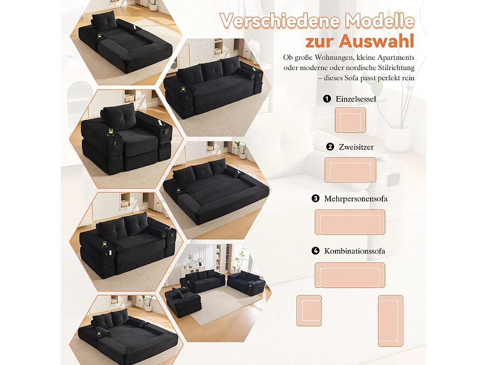Canapé convertible en velours côtelé avec ressorts ensachés et mousse à mémoire de forme, canapé pliant avec porte-gobelets et poche latérale