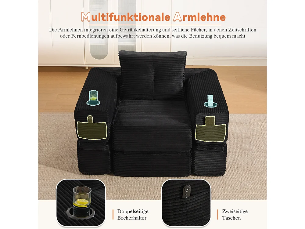 Canapé convertible en velours côtelé avec ressorts ensachés et mousse à mémoire de forme, canapé pliant avec porte-gobelets et poche latérale