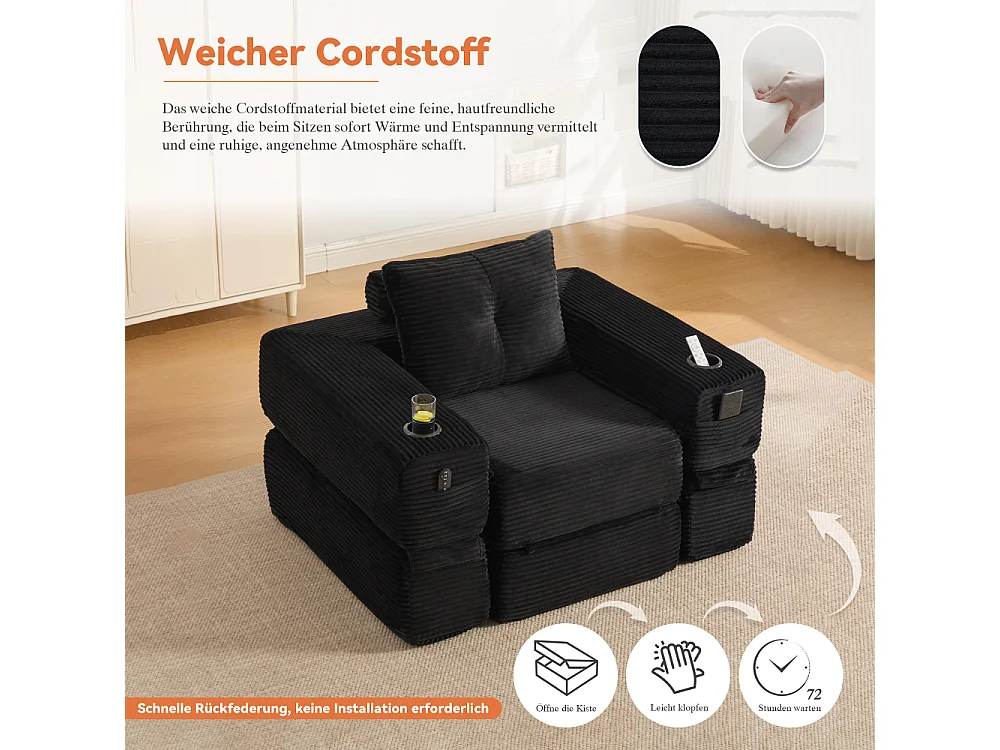Canapé convertible en velours côtelé avec ressorts ensachés et mousse à mémoire de forme, canapé pliant avec porte-gobelets et poche latérale