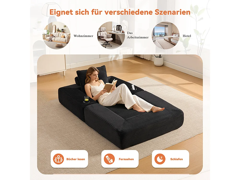Canapé convertible en velours côtelé avec ressorts ensachés et mousse à mémoire de forme, canapé pliant avec porte-gobelets et poche latérale