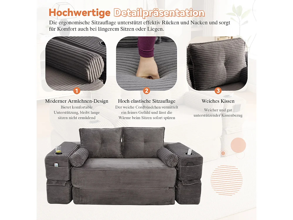 Canapé convertible en velours côtelé 2 places avec fonction lit, ressorts ensachés, mousse à mémoire de forme, poches et porte-gobelets