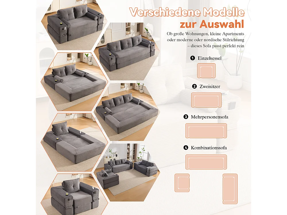 Canapé convertible en velours côtelé 2 places avec fonction lit, ressorts ensachés, mousse à mémoire de forme, poches et porte-gobelets