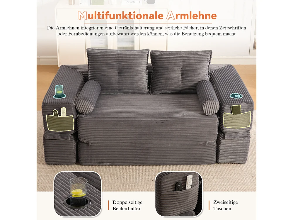 Canapé convertible en velours côtelé 2 places avec fonction lit, ressorts ensachés, mousse à mémoire de forme, poches et porte-gobelets