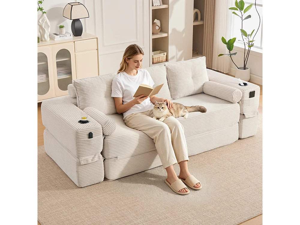 Canapé Convertible 3 Places en Velours Côtelé avec Ressorts, Mémoire de Forme, Couchage et Rangement