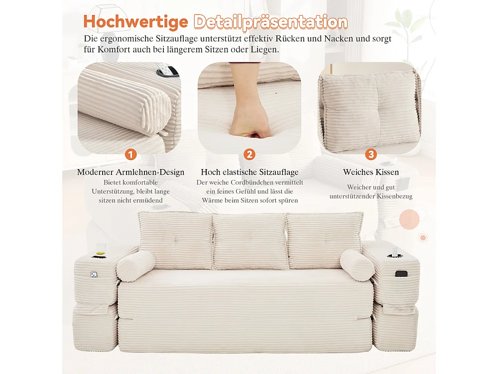 Canapé Convertible 3 Places en Velours Côtelé avec Ressorts, Mémoire de Forme, Couchage et Rangement