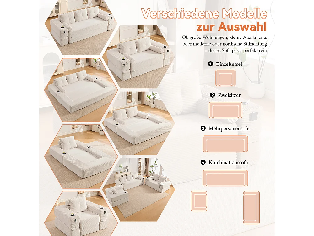 Canapé Convertible 3 Places en Velours Côtelé avec Ressorts, Mémoire de Forme, Couchage et Rangement