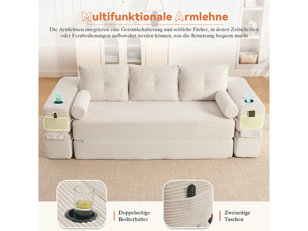 Canapé Convertible 3 Places en Velours Côtelé avec Ressorts, Mémoire de Forme, Couchage et Rangement