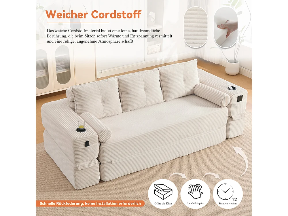 Canapé Convertible 3 Places en Velours Côtelé avec Ressorts, Mémoire de Forme, Couchage et Rangement