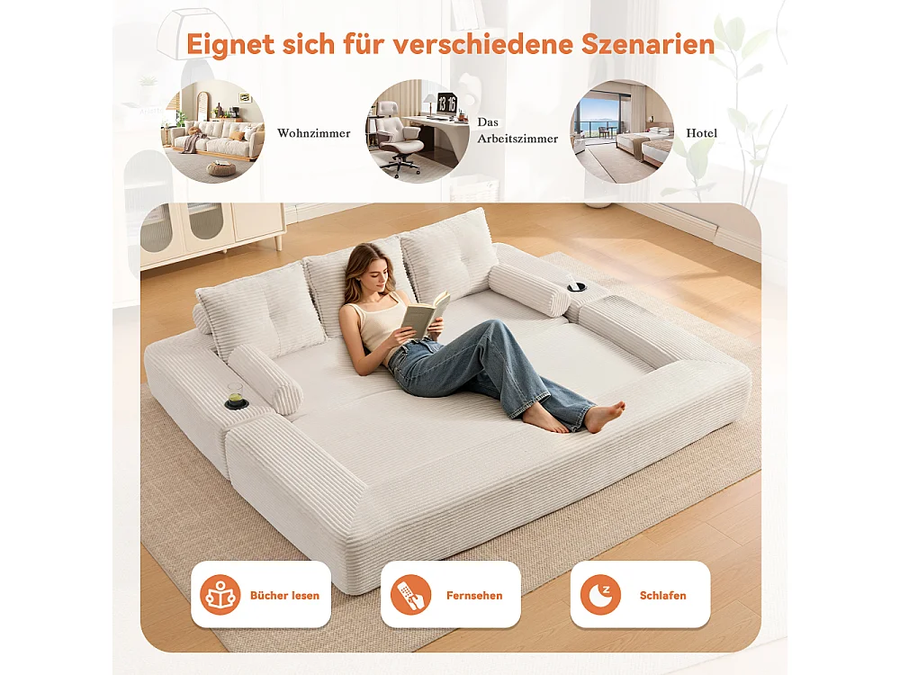 Canapé Convertible 3 Places en Velours Côtelé avec Ressorts, Mémoire de Forme, Couchage et Rangement