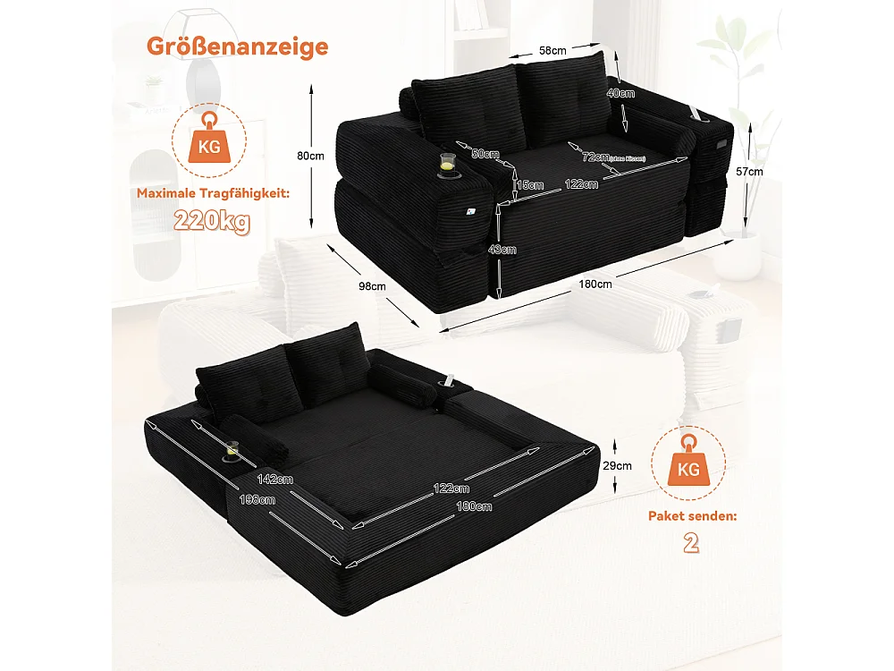 Canapé convertible en velours côtelé 2 places avec fonction lit, ressorts ensachés, mousse à mémoire de forme, poches et porte-gobelets