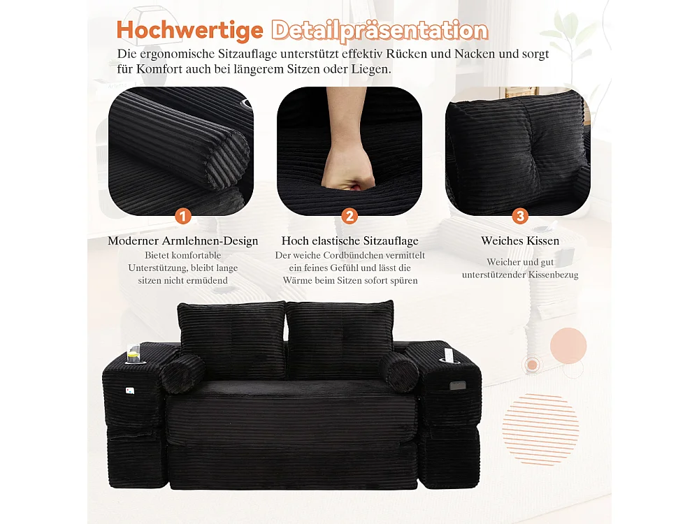 Canapé convertible en velours côtelé 2 places avec fonction lit, ressorts ensachés, mousse à mémoire de forme, poches et porte-gobelets