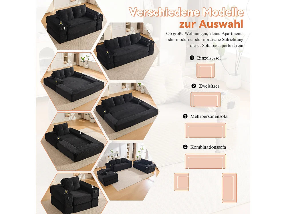 Canapé convertible en velours côtelé 2 places avec fonction lit, ressorts ensachés, mousse à mémoire de forme, poches et porte-gobelets