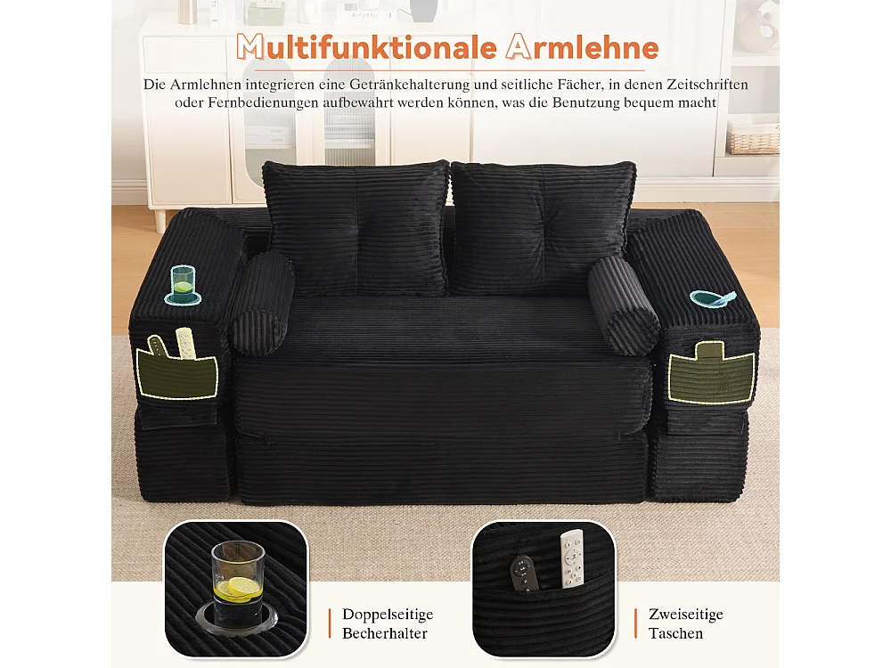 Canapé convertible en velours côtelé 2 places avec fonction lit, ressorts ensachés, mousse à mémoire de forme, poches et porte-gobelets