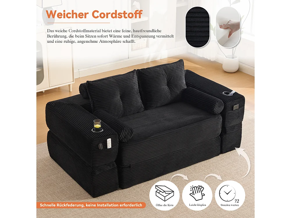 Canapé convertible en velours côtelé 2 places avec fonction lit, ressorts ensachés, mousse à mémoire de forme, poches et porte-gobelets