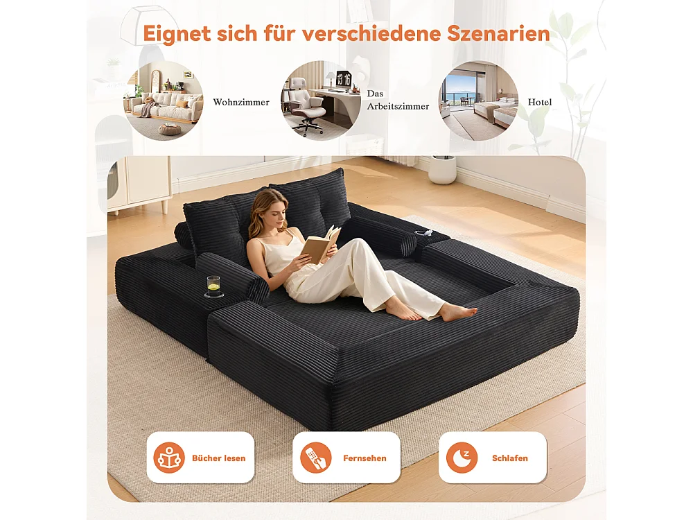 Canapé convertible en velours côtelé 2 places avec fonction lit, ressorts ensachés, mousse à mémoire de forme, poches et porte-gobelets