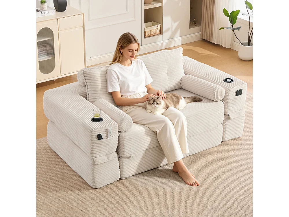 Canapé convertible en velours côtelé 2 places avec fonction lit, ressorts ensachés, mousse à mémoire de forme, poches et porte-gobelets