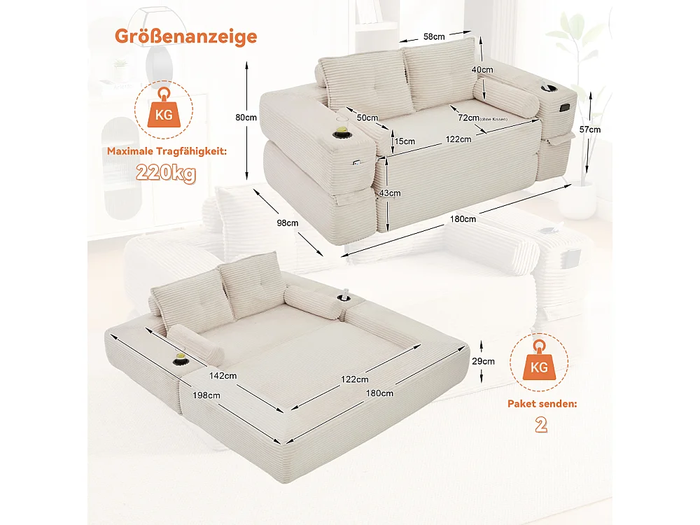 Canapé convertible en velours côtelé 2 places avec fonction lit, ressorts ensachés, mousse à mémoire de forme, poches et porte-gobelets