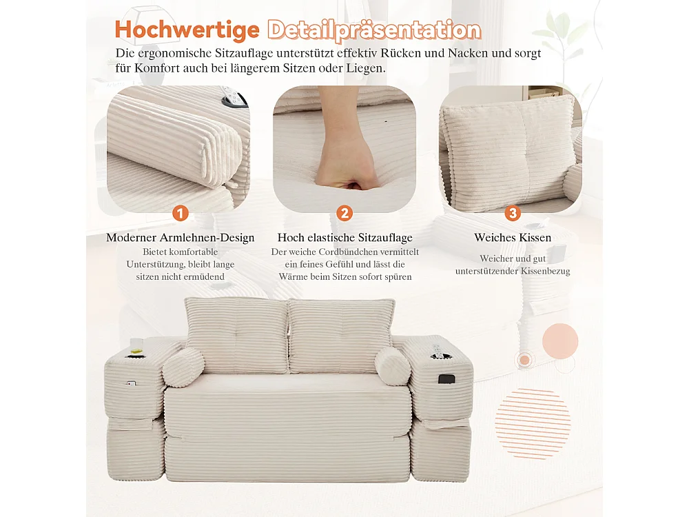Canapé convertible en velours côtelé 2 places avec fonction lit, ressorts ensachés, mousse à mémoire de forme, poches et porte-gobelets