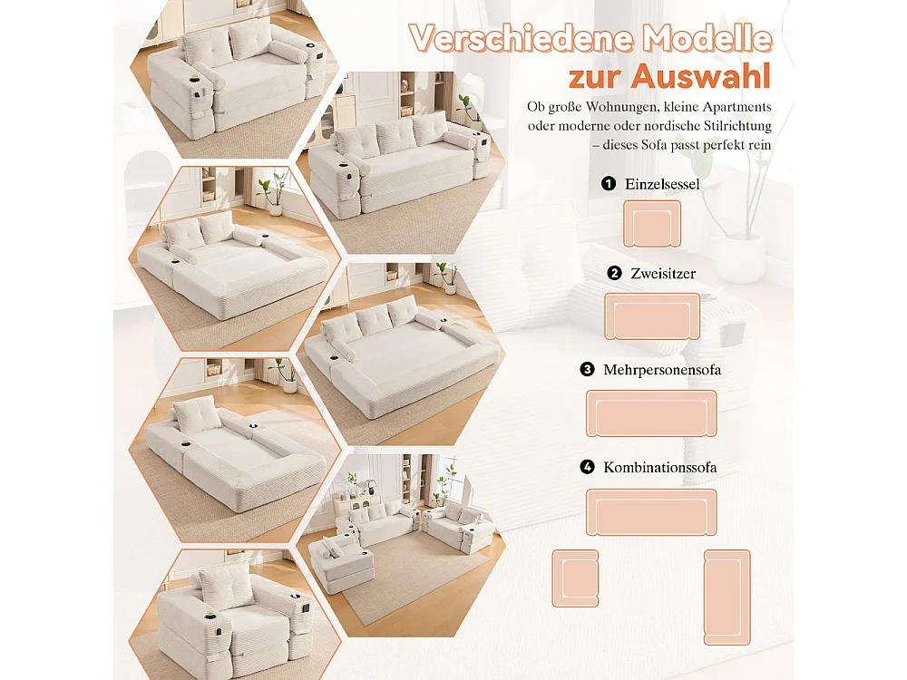 Canapé convertible en velours côtelé 2 places avec fonction lit, ressorts ensachés, mousse à mémoire de forme, poches et porte-gobelets