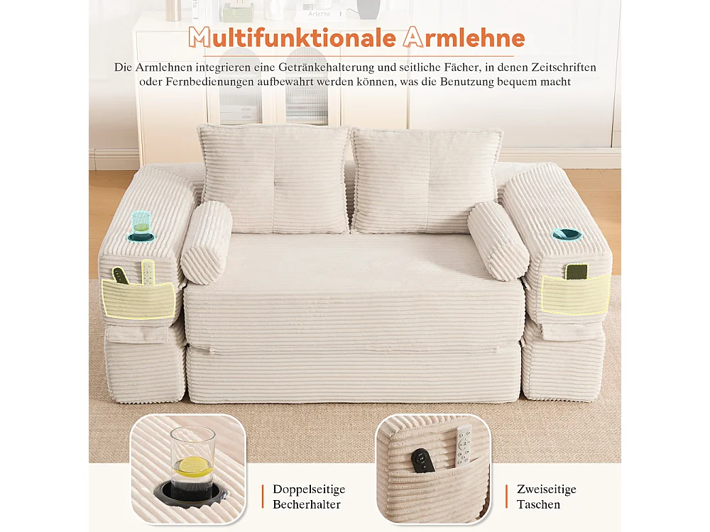 Canapé convertible en velours côtelé 2 places avec fonction lit, ressorts ensachés, mousse à mémoire de forme, poches et porte-gobelets