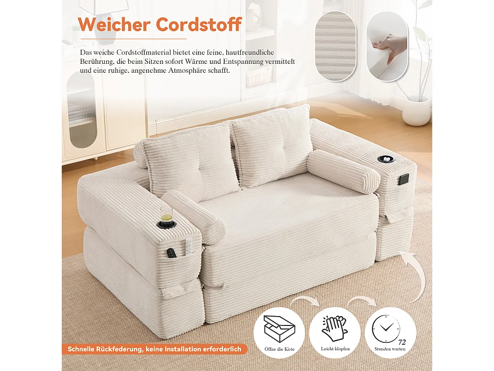 Canapé convertible en velours côtelé 2 places avec fonction lit, ressorts ensachés, mousse à mémoire de forme, poches et porte-gobelets