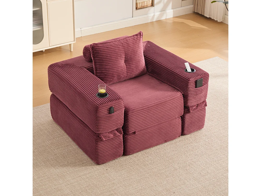 Canapé convertible en velours côtelé avec ressorts ensachés et mousse à mémoire de forme, canapé pliant avec porte-gobelets et poche latérale