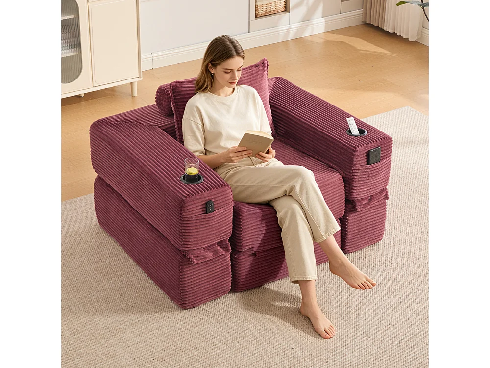 Canapé convertible en velours côtelé avec ressorts ensachés et mousse à mémoire de forme, canapé pliant avec porte-gobelets et poche latérale