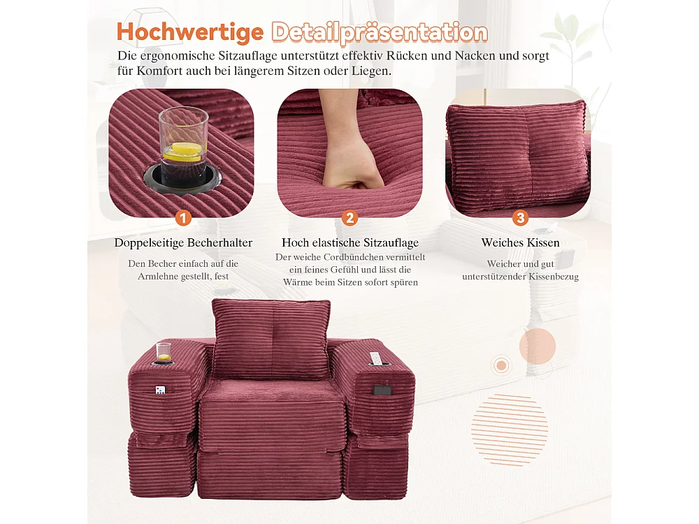 Canapé convertible en velours côtelé avec ressorts ensachés et mousse à mémoire de forme, canapé pliant avec porte-gobelets et poche latérale