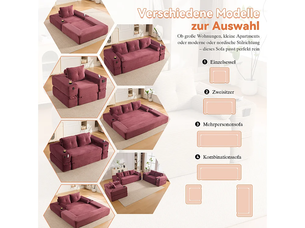 Canapé convertible en velours côtelé avec ressorts ensachés et mousse à mémoire de forme, canapé pliant avec porte-gobelets et poche latérale