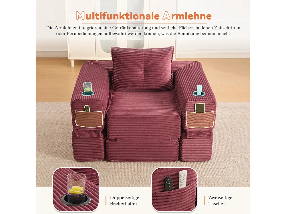 Canapé convertible en velours côtelé avec ressorts ensachés et mousse à mémoire de forme, canapé pliant avec porte-gobelets et poche latérale