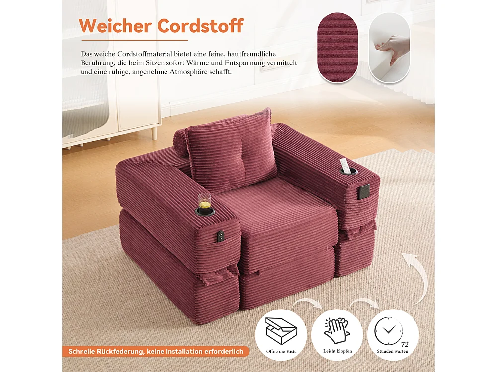 Canapé convertible en velours côtelé avec ressorts ensachés et mousse à mémoire de forme, canapé pliant avec porte-gobelets et poche latérale
