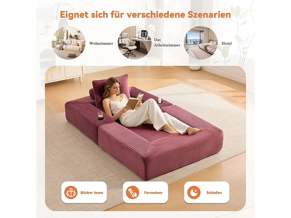 Canapé convertible en velours côtelé avec ressorts ensachés et mousse à mémoire de forme, canapé pliant avec porte-gobelets et poche latérale