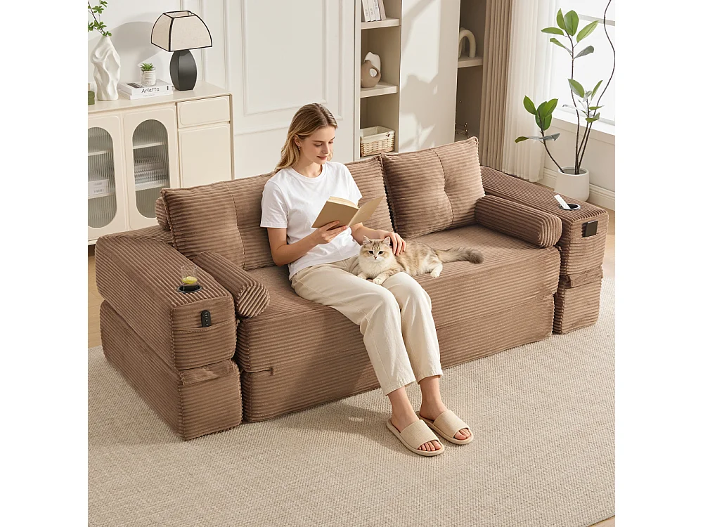 Canapé Convertible 3 Places en Velours Côtelé avec Ressorts, Mémoire de Forme, Couchage et Rangement