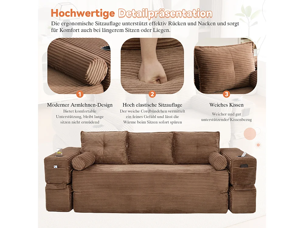 Canapé Convertible 3 Places en Velours Côtelé avec Ressorts, Mémoire de Forme, Couchage et Rangement