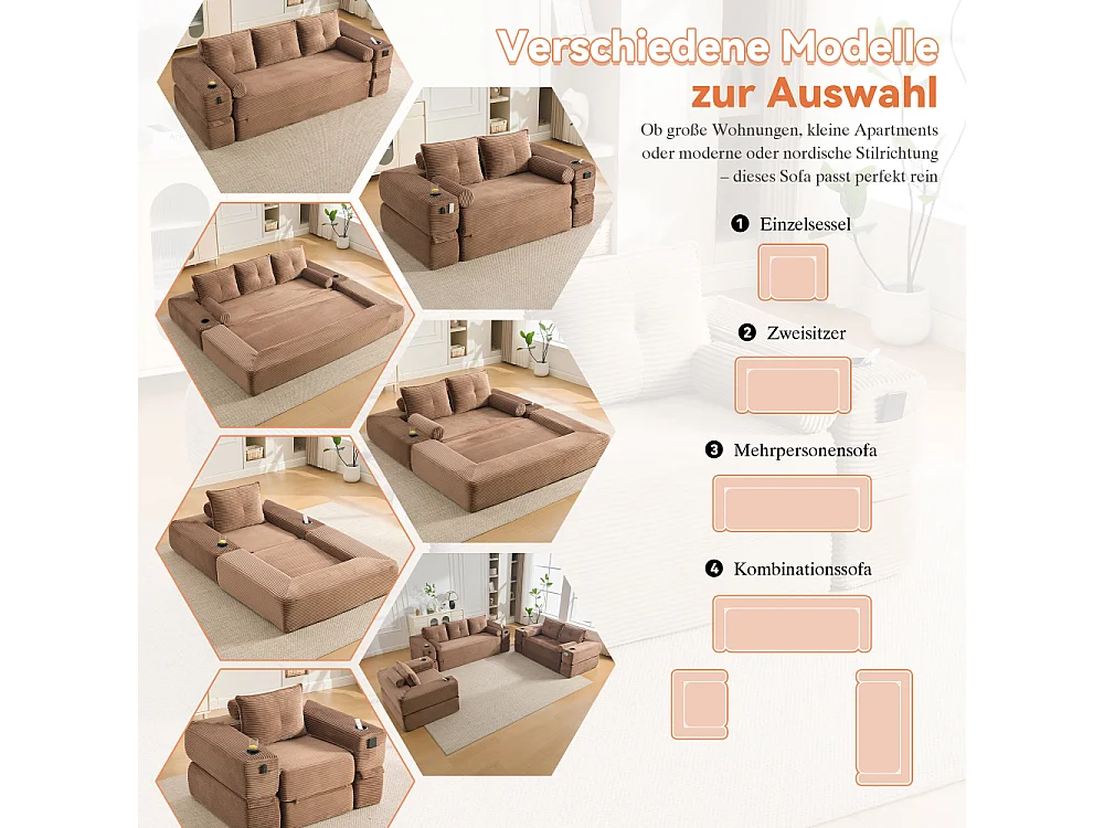 Canapé Convertible 3 Places en Velours Côtelé avec Ressorts, Mémoire de Forme, Couchage et Rangement