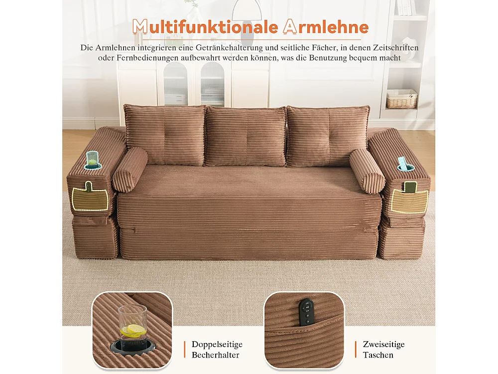 Canapé Convertible 3 Places en Velours Côtelé avec Ressorts, Mémoire de Forme, Couchage et Rangement