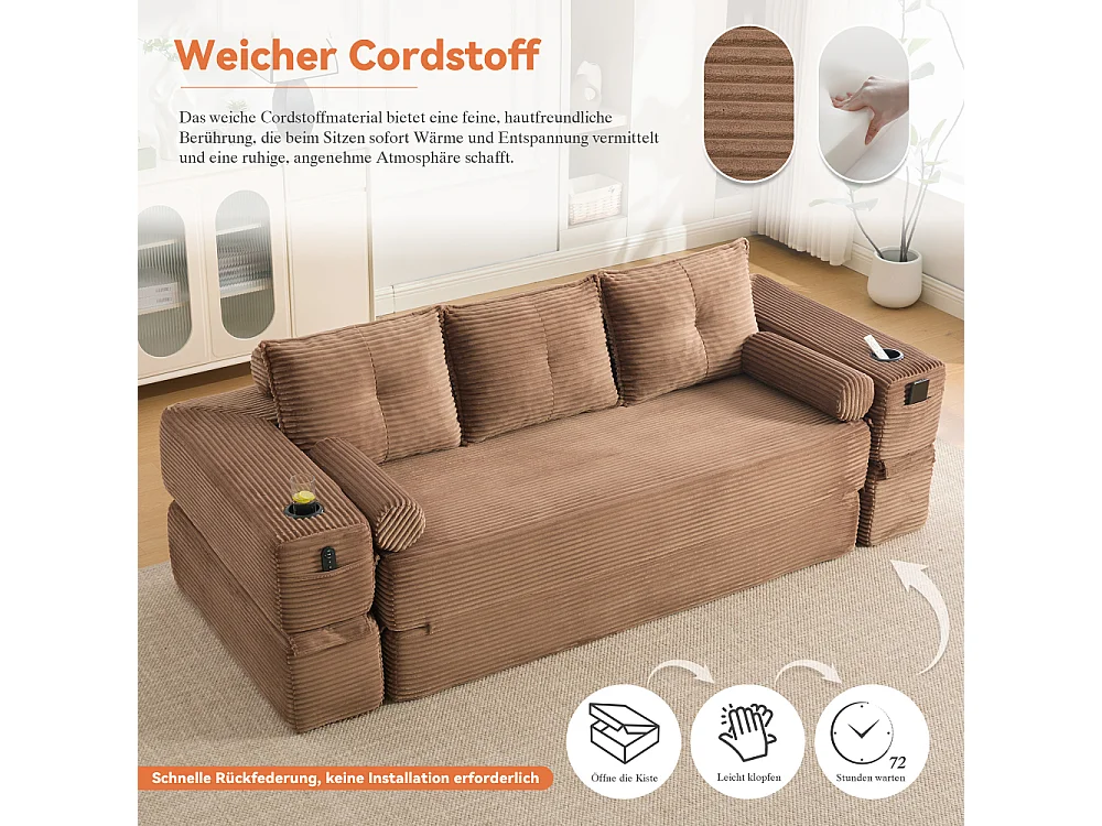 Canapé Convertible 3 Places en Velours Côtelé avec Ressorts, Mémoire de Forme, Couchage et Rangement